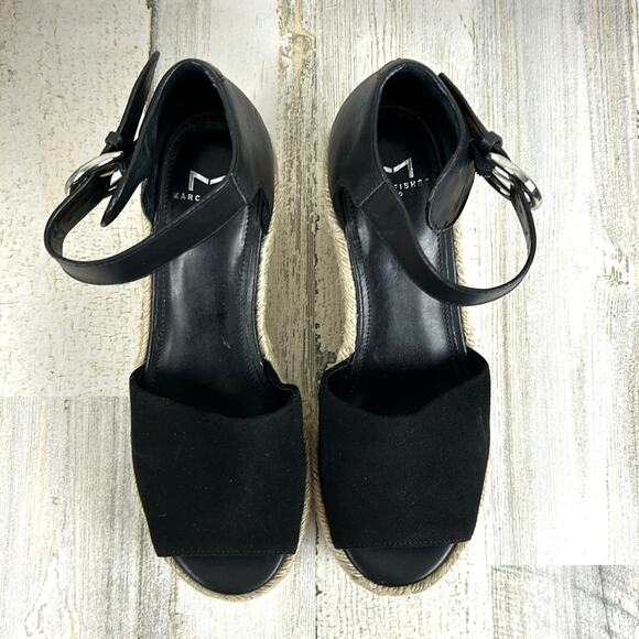 Marc Fisher Women’s 9 Black Leather Suede Buckle Platform Espadrille Sandals NEW - Picture 2 of 10